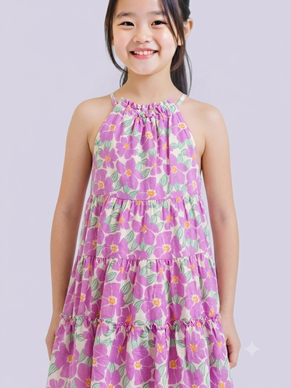 Zara Girls Floral Halter Tiered Tropical Linen Blend Sun Dress 7